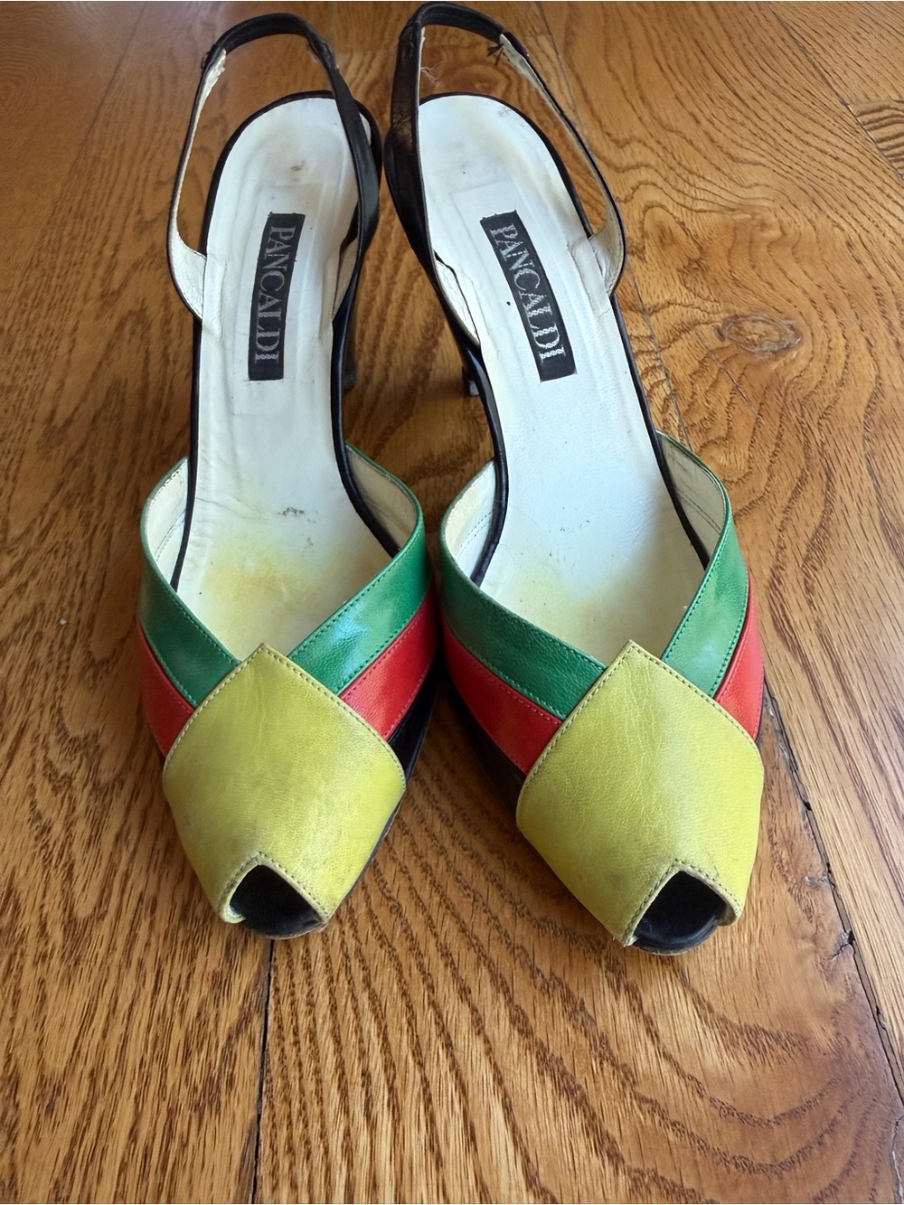 Vintage Pancaldi Multicolor Peep-Toe Slingback Heels — Yellow, Green & Red